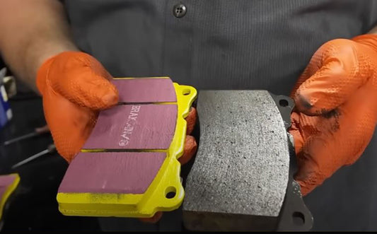 Close-up of EBC Yellowstuff high-friction compound brake pad surface”