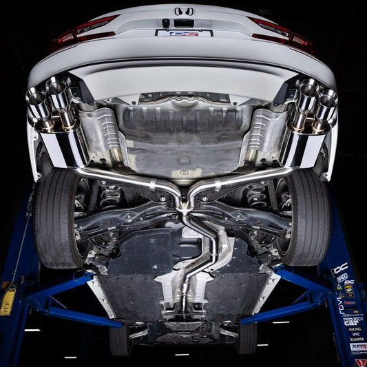 DC Sports Exhaust System Installed on 2018–2021 Honda Accord – Full Underbody View on Lift