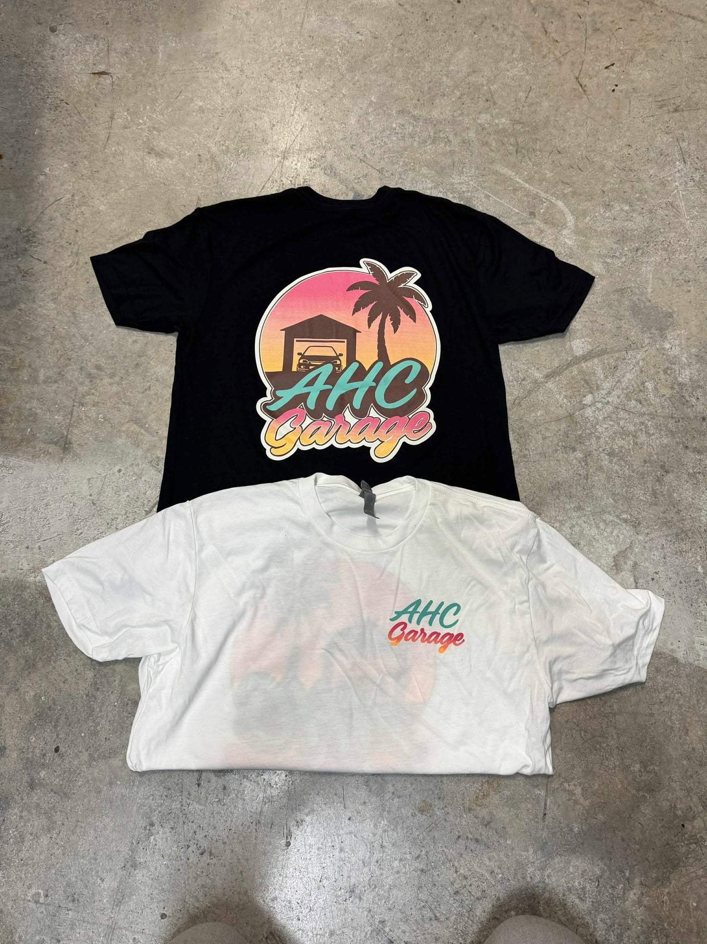 AHC Garage “Never Ending Summer” edition vintage crew neck t-shirt Black Rear View, White Front View