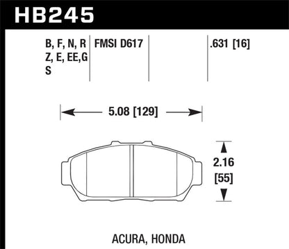 Hawk HB245F.631 front brake pad dimensions for Honda Civic and Acura Integra