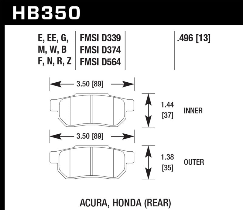 Hawk HB350F.496 rear brake pad dimensions for Honda Civic Si and Acura Integra