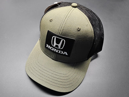 Honda Army Green trucker hat with black mesh – front angled view