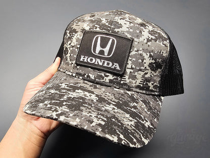Honda H Logo Black Camo Trucker's Cap – Close-up Front Embroidery