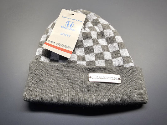 Honda white and gray knit beanie with metal Honda logo plate front view